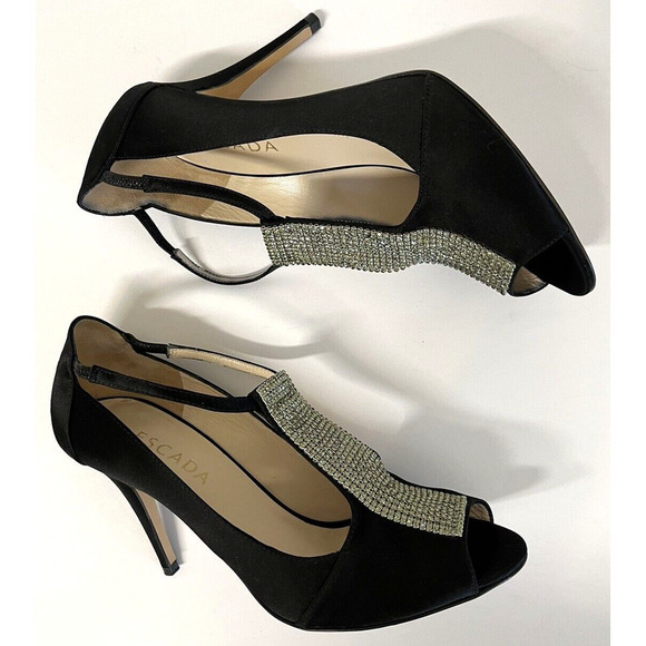 ESCADA Crystal Jeweled Satin T-Strap Heeled Shoes Size 39.5/9 US Peep Toe - Picture 12 of 13